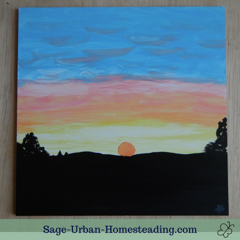 painting: sunset over wooded hills