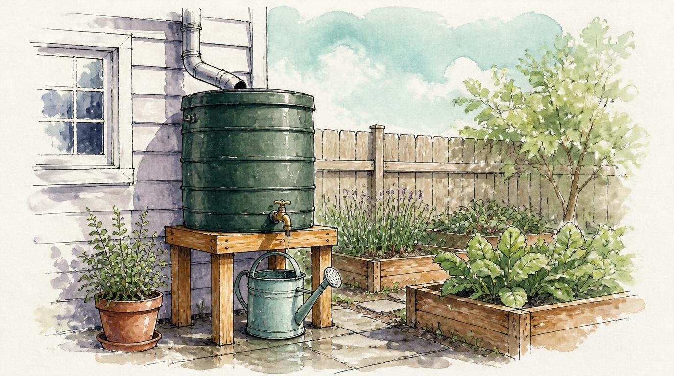 Watercolor illustration of a dark green rain barrel on a wooden stand under a downspout, with a watering can below the spigot and raised garden beds nearby