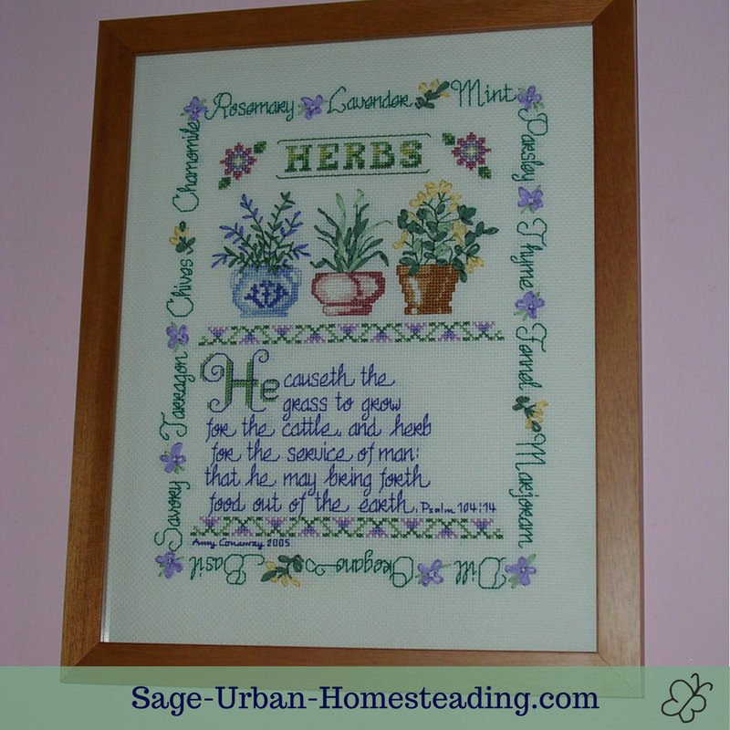 herb cross stitch and silk ribbon embroidery